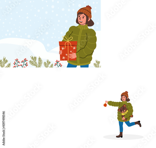 Joyful girl playing with a Christmas ornament while holding a teddy bear