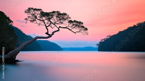 Solitary Serenity: A lone tree stands tall, its branches reaching towards a vibrant, pink-hued sunset over a tranquil lake. The serene scene evokes a sense of peace, tranquility.