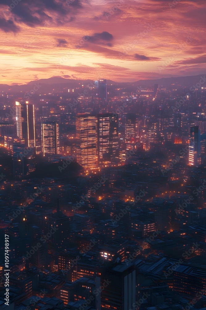 Obraz premium A vibrant cityscape at sunset, showcasing illuminated buildings and a bustling urban environment.