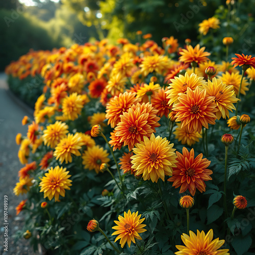 Dahlia garden with yellow orange and red flowers in various stages of bloom, garden, yellow, orange