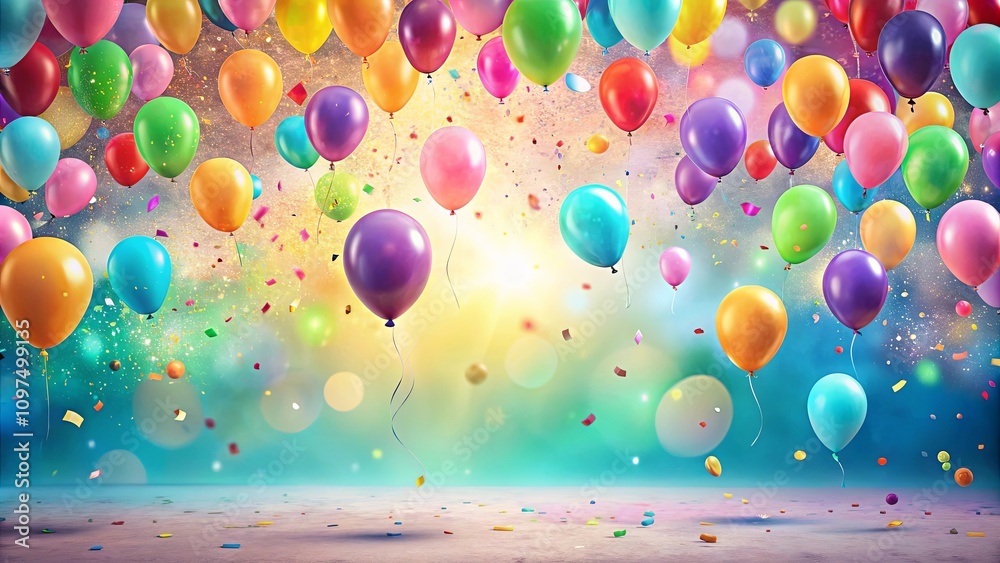 A Festive Celebration with Colorful Balloons and Confetti Falling on a Bright Background A Festive Celebration with Colorful Balloons and Confetti Falling on a Bright Background