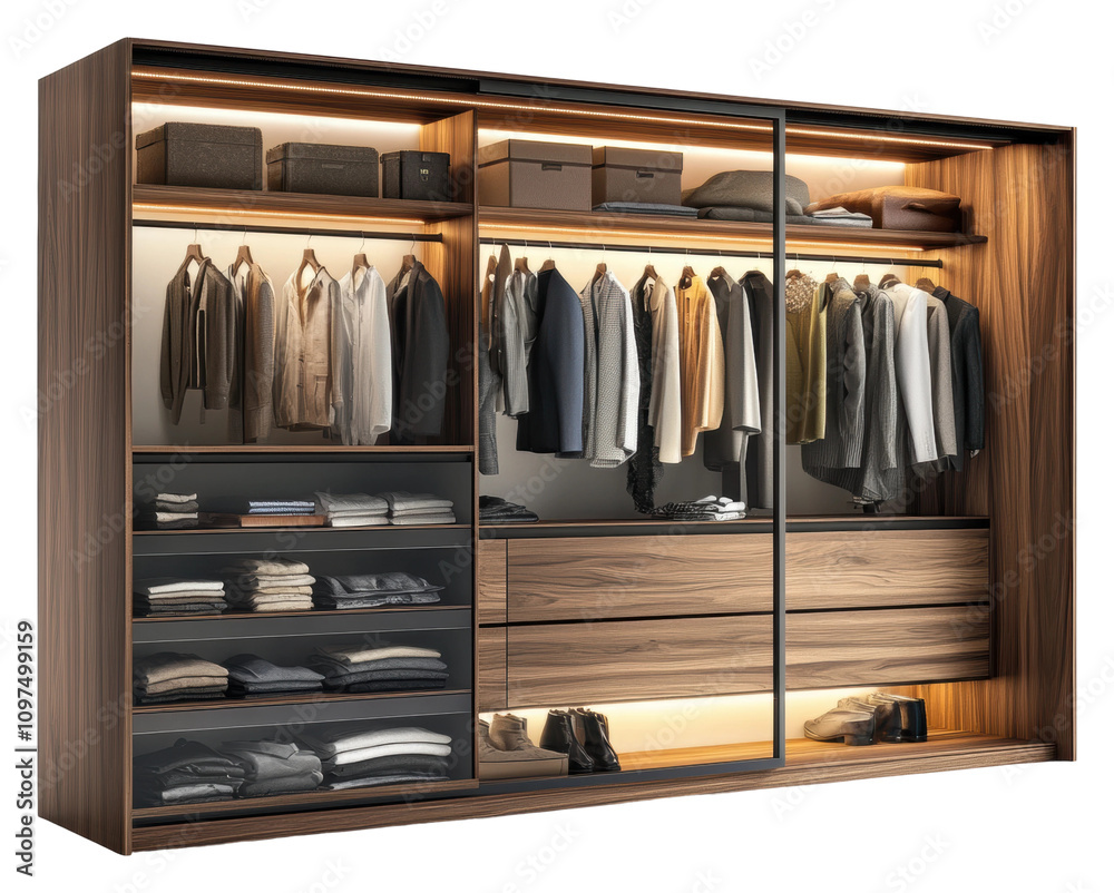 Spacious wardrobe with sliding doors and organized interiors isolated on transparent background Spacious wardrobe with sliding doors and organized interiors isolated on transparent background