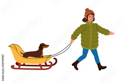 Person walks a dog in a sled during winter in a cozy setting with snow