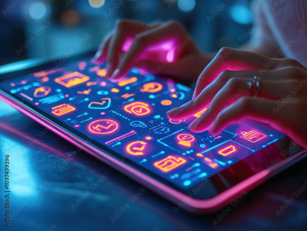Obraz premium Close-Up View of Hands Using a Futuristic Touchscreen Tablet Displaying Colorful Digital Icons in a Dimly Lit Environment