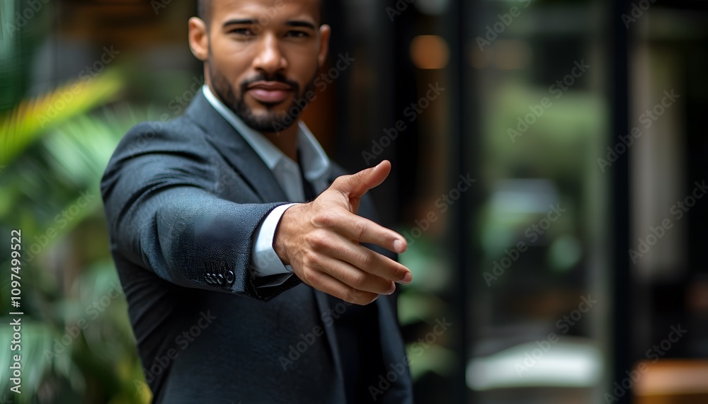 Businessman in a suit extending his hand for a handshake, close-up of an open palm and right arm with a blurred background, Businessman in a suit extending his hand for a handshake, close-up of an open palm and right arm with a blurred background,