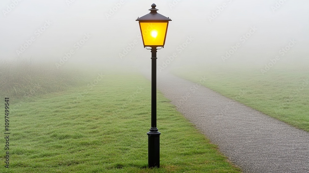 Solitary Lamppost in Misty Meadow: A single, illuminated lamppost stands sentinel on a foggy morning, casting a warm glow on a quiet pathway. The scene evokes a sense of mystery and tranquility. Solitary Lamppost in Misty Meadow: A single, illuminated lamppost stands sentinel on a foggy morning, casting a warm glow on a quiet pathway. The scene evokes a sense of mystery and tranquility.