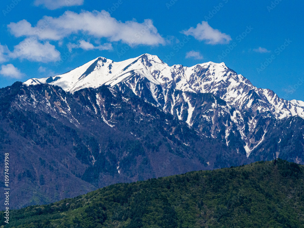 Fototapeta premium 残雪の北アルプスと春の風景