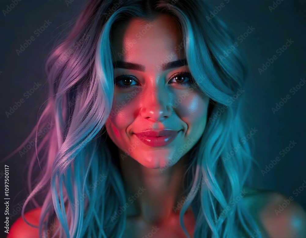 A young Caucasian woman with long, wavy blue teal-colored hair, light skin, and a friendly expression, closeup face, smiling, studio background A young Caucasian woman with long, wavy blue teal-colored hair, light skin, and a friendly expression, closeup face, smiling, studio background