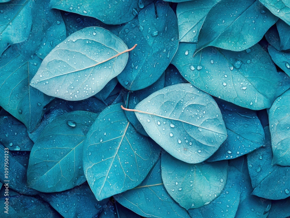 Fototapeta premium Blue Leaves with Water Droplets
