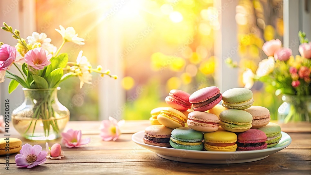 Delightful pastel macarons displayed on a rustic wooden table alongside spring flowers in glass vases bathed in warm sunlight. Delightful pastel macarons displayed on a rustic wooden table alongside spring flowers in glass vases bathed in warm sunlight.