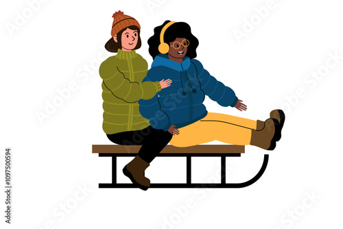 Friends enjoying a winter sledding adventure in warm jackets on a snowy day