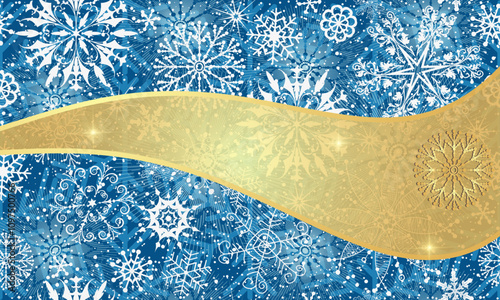 Vector Christmas hand drawn blue card with white doodle snowflakes and golden copy space