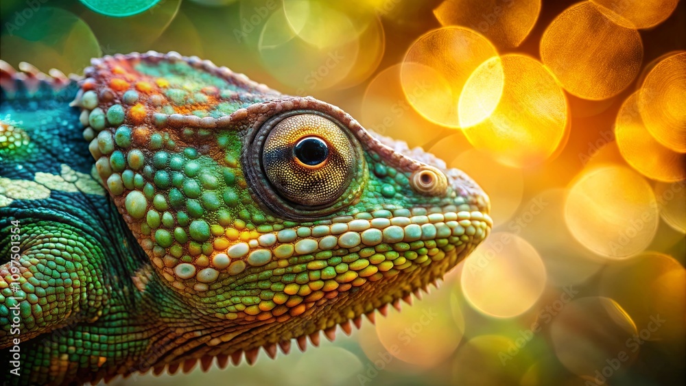 Obraz premium Close-up of a vibrant chameleon with intricate scales against a bokeh background
