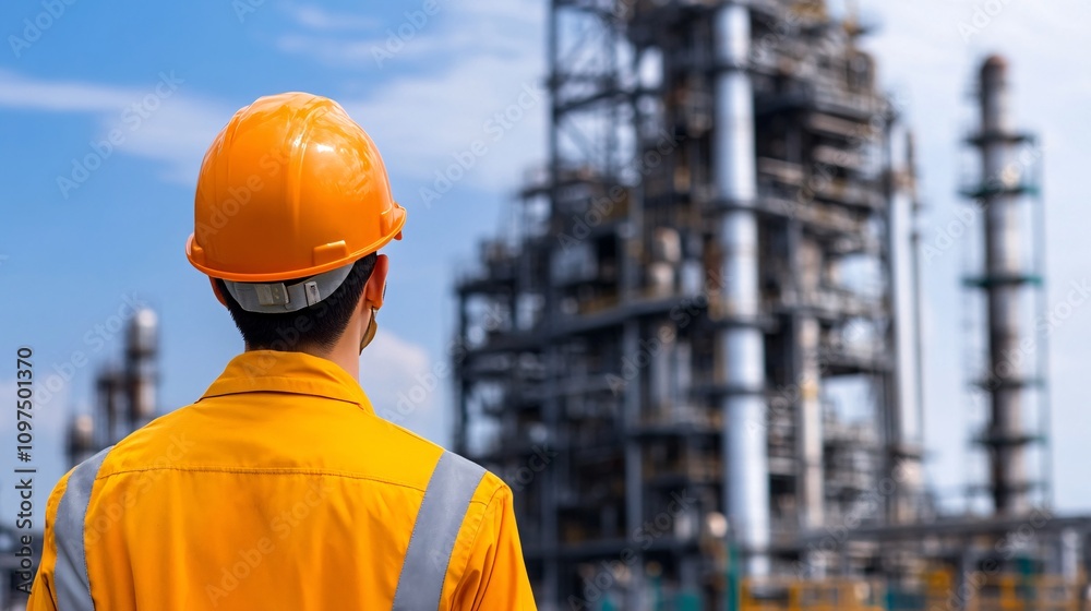 A worker in an orange safety uniform and helmet observes an industrial facility with tall structures under a clear blue sky. A worker in an orange safety uniform and helmet observes an industrial facility with tall structures under a clear blue sky.