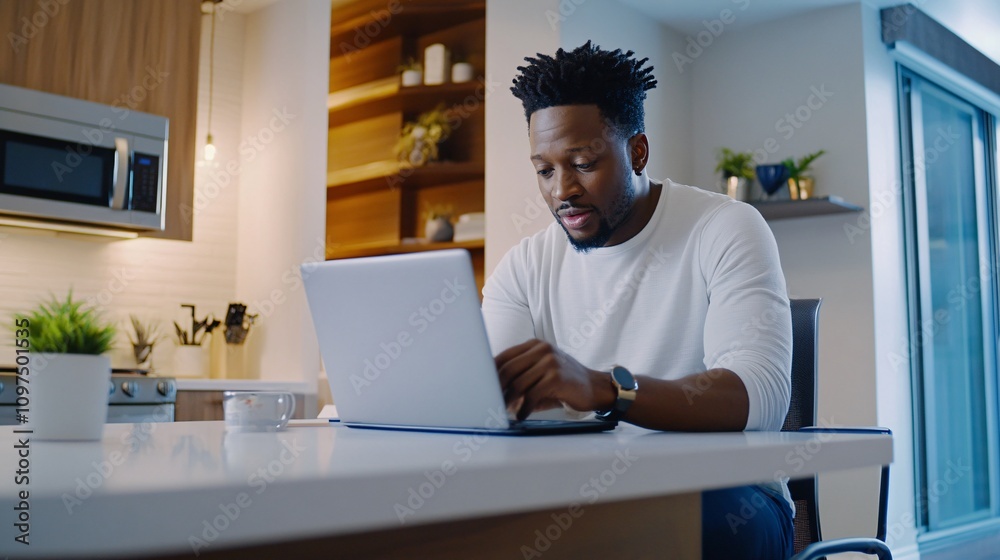 A focused individual works on a laptop in a modern kitchen, surrounded by plants and stylish decor, emphasizing productivity in a home environment. A focused individual works on a laptop in a modern kitchen, surrounded by plants and stylish decor, emphasizing productivity in a home environment.