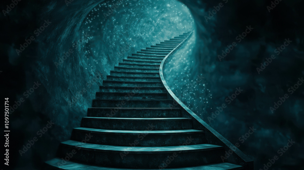 Fototapeta premium Mysterious Staircase Leading into a Glowing Blue Abyss of Light and Wonder