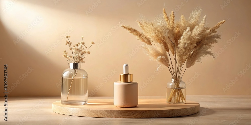 Elegant product display with neutral tones and natural elements Elegant product display with neutral tones and natural elements