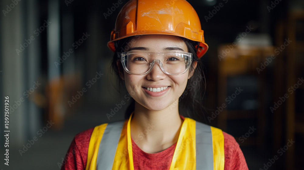 Young woman with safety gear smiling in a construction environment Young woman with safety gear smiling in a construction environment