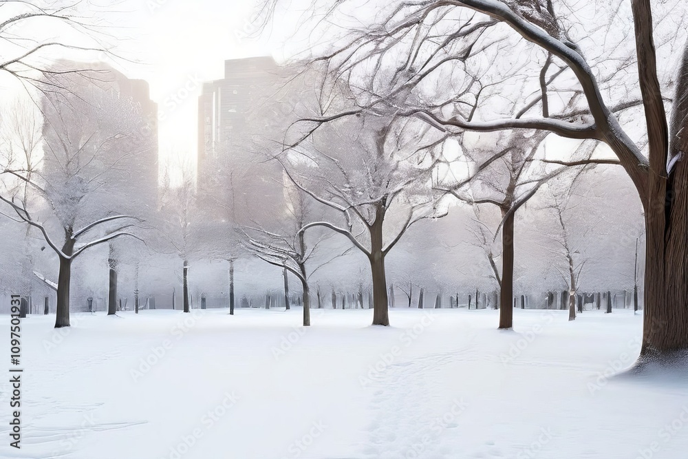 a city park in winter with bare trees and a light dusting of sno a city park in winter with bare trees and a light dusting of sno