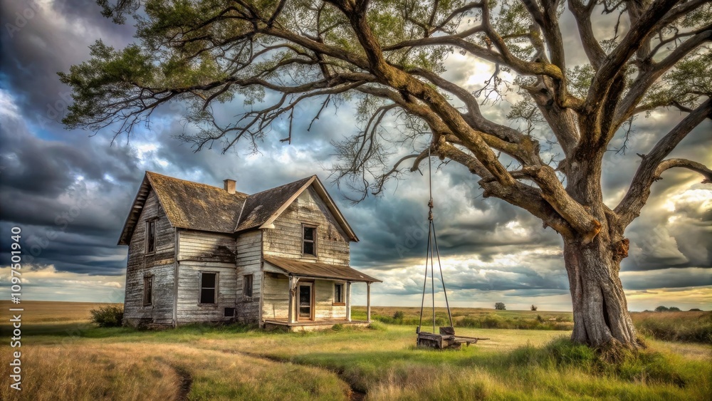 A weathered farmhouse stands solitary beneath a sprawling, ancient tree, a forgotten swing set a poignant reminder of times past. A weathered farmhouse stands solitary beneath a sprawling, ancient tree, a forgotten swing set a poignant reminder of times past.