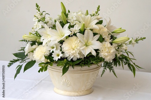 White Flower Arrangement in Ceramic Planter, floral displays, home decor inspiration, white flower arrangement, garden center products, ceramic planter