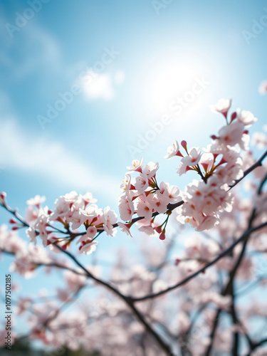 Close-up of delicate cherry blossoms against blue sky, nature, blooms