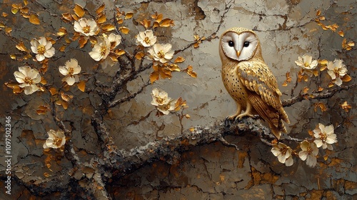 Owl perched on blossom-laden branch nature scene art illustration serene environment close-up view wildlife concept photo