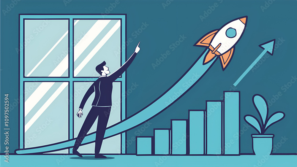 Businessman touching a glowing growth graph with a rocket symbol, perfect for startup promotions and corporate success visuals Businessman touching a glowing growth graph with a rocket symbol, perfect for startup promotions and corporate success visuals