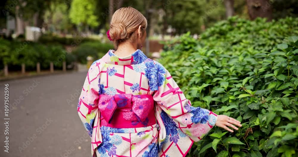 Asian woman, walking and back with kimono in nature for travel, journey or natural sustainability. Japanese, female person or culture with fashion, leaves or bushes for commute at park or garden Asian woman, walking and back with kimono in nature for travel, journey or natural sustainability. Japanese, female person or culture with fashion, leaves or bushes for commute at park or garden