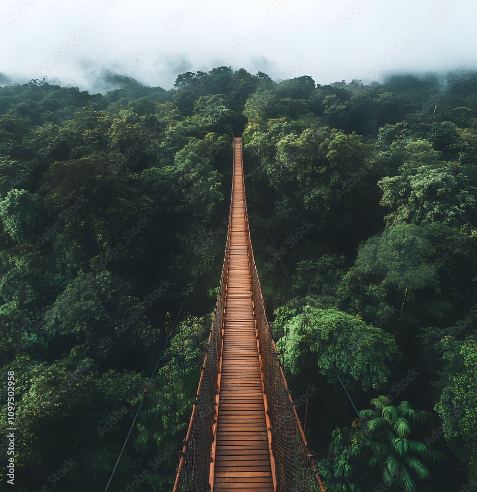 A long wooden bridge suspended high above the jungle, an aerial view of a rainforest with a foggy sky, drone photography, beautiful. A long wooden bridge suspended high above the jungle, an aerial view of a rainforest with a foggy sky, drone photography, beautiful.