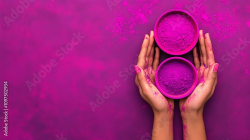 Vibrant Holi Celebration: Two hands gently cradle bowls of vibrant purple Holi powder against a rich purple backdrop. A captivating image for celebrations, festivals, and cultural events. photo