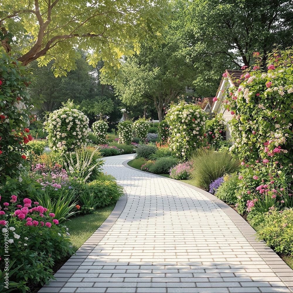 Fototapeta premium Garden path made of white bricks leading to a cottage, outdoor walkway, charming scenery