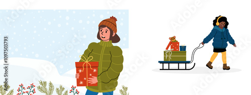 Child pulling sled with presents and teddy bear during winter season outdoors