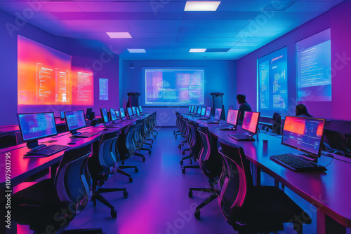 modern computer lab with vibrant blue and purple lighting, featuring multiple workstations equipped with monitors. atmosphere is tech focused and innovative, ideal for coding or data analysis