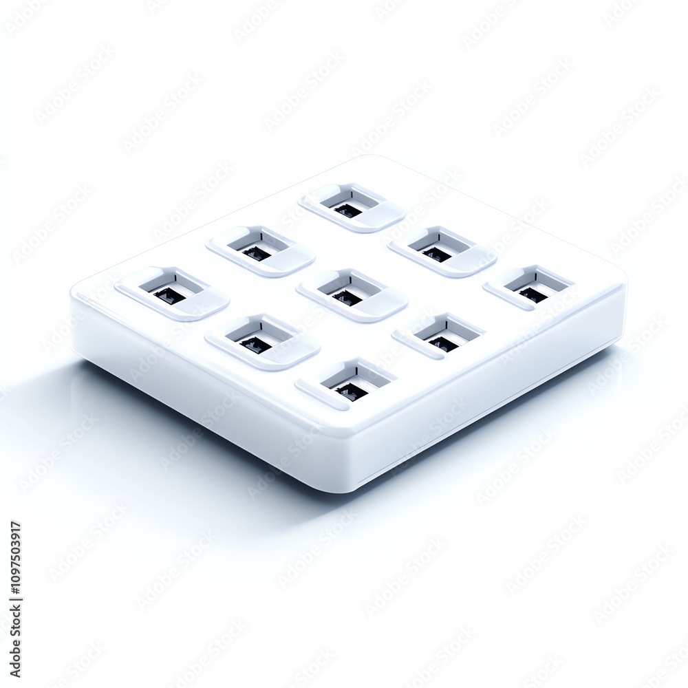 White USB charging station with multiple ports on an isolated background. White USB charging station with multiple ports on an isolated background.