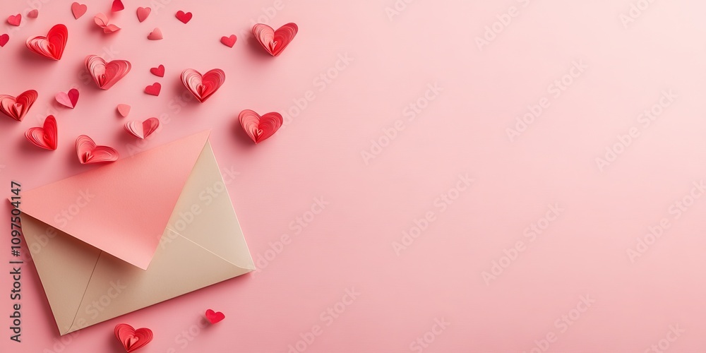 Love letter envelope with paper hearts - flat lay on pink background for Valentine's Day. Declaration of love. Banner. Valentine's Day celebration.