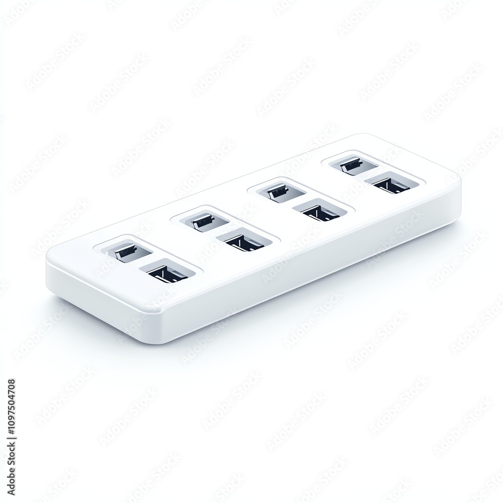 White USB power strip with multiple outlets on isolated background. White USB power strip with multiple outlets on isolated background.