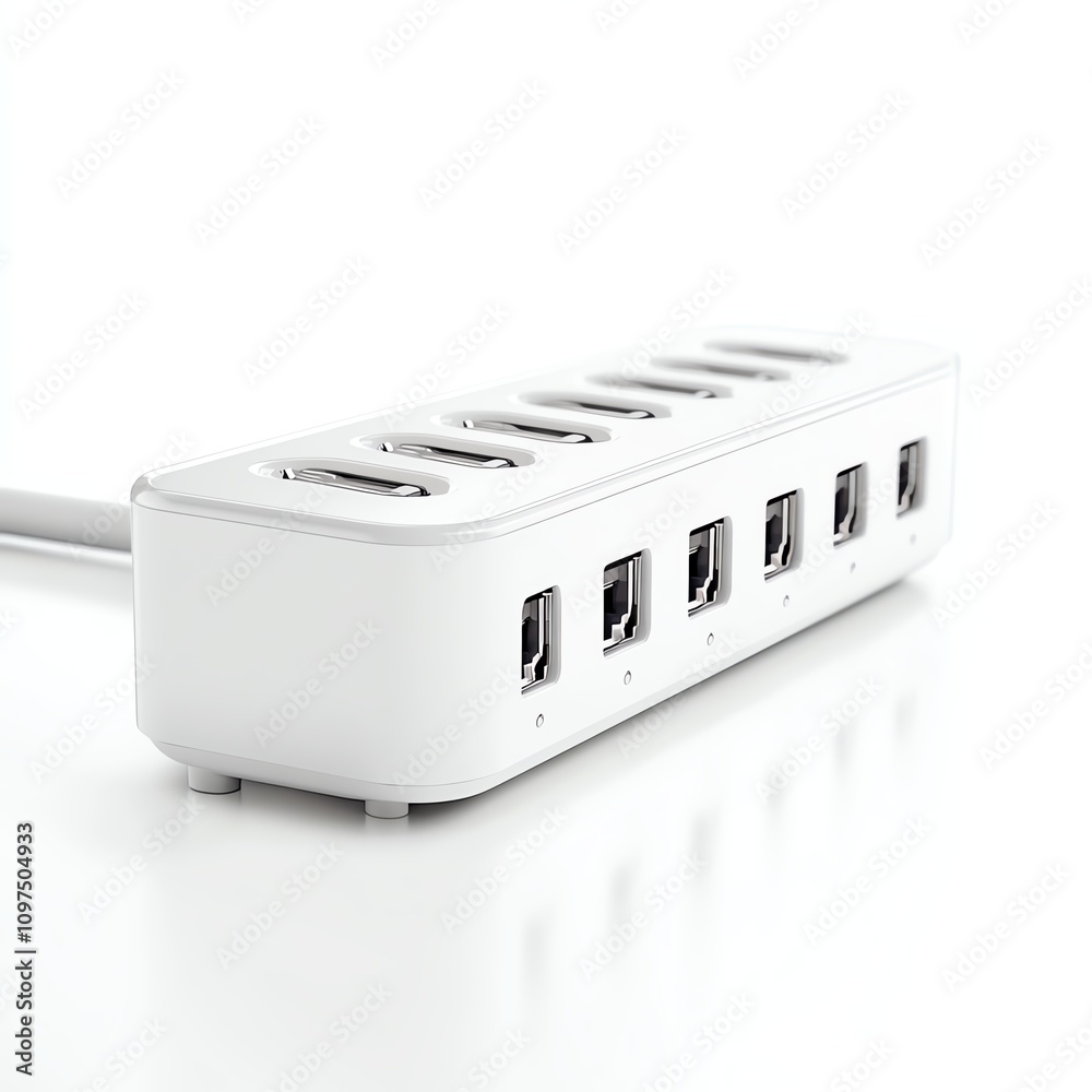 Modern USB hub with multiple ports, white isolated background. Modern USB hub with multiple ports, white isolated background.