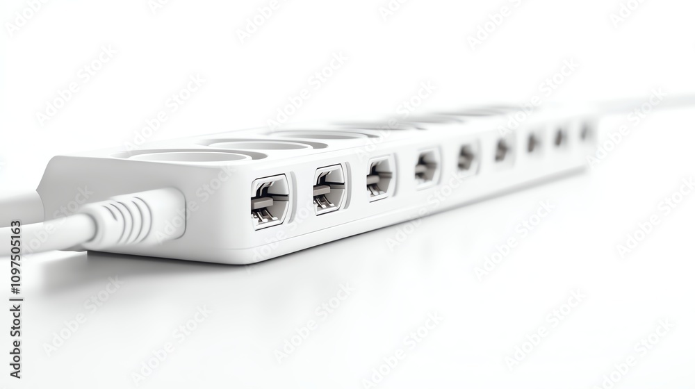 White power strip with multiple sockets on a bright, isolated background. White power strip with multiple sockets on a bright, isolated background.