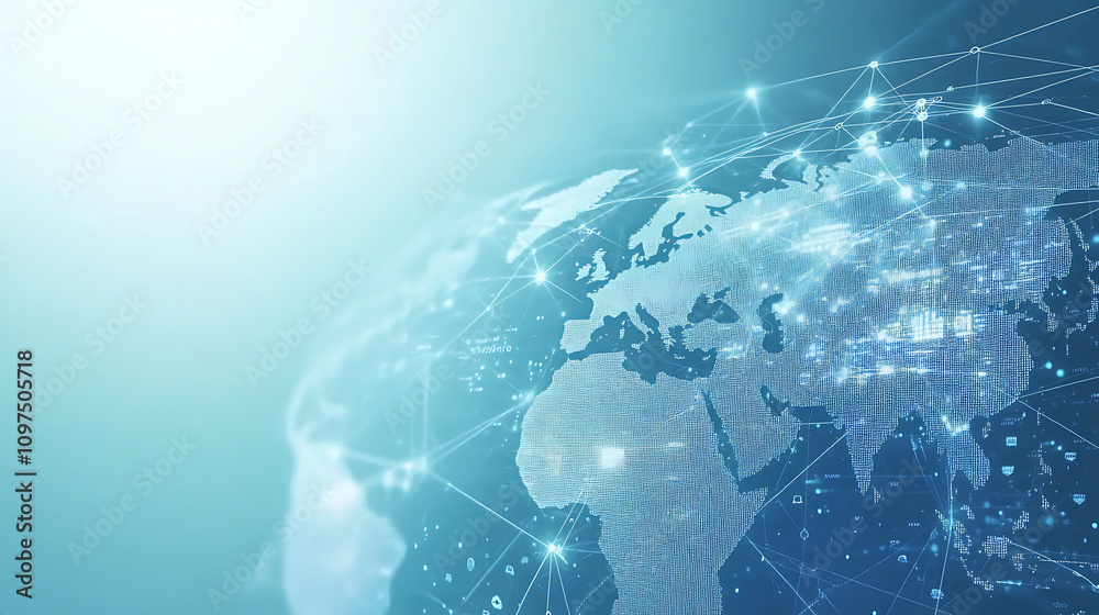  A light blue background with a digital world map and global network connections