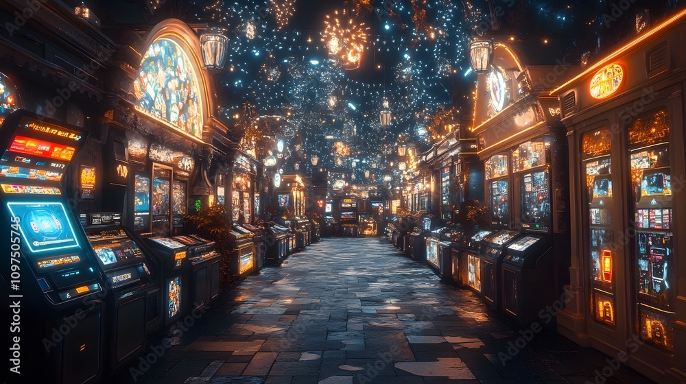 Fototapeta premium A vibrant arcade filled with illuminated slot machines and decorative lights.