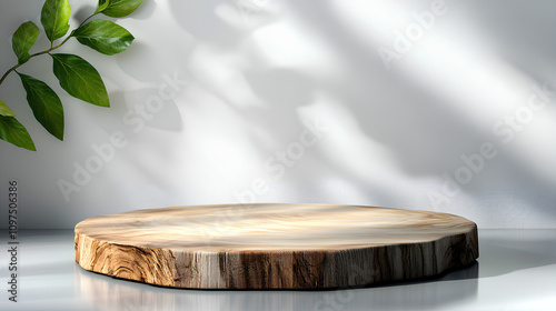 Wallpaper Mural Round Wood Table Top with Abstract Shadow on White Wall Background for Product Display Torontodigital.ca