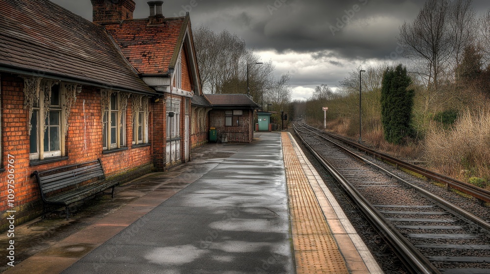 Fototapeta premium Abandoned Train Station Under Cloudy Sky with Wet Platform Views