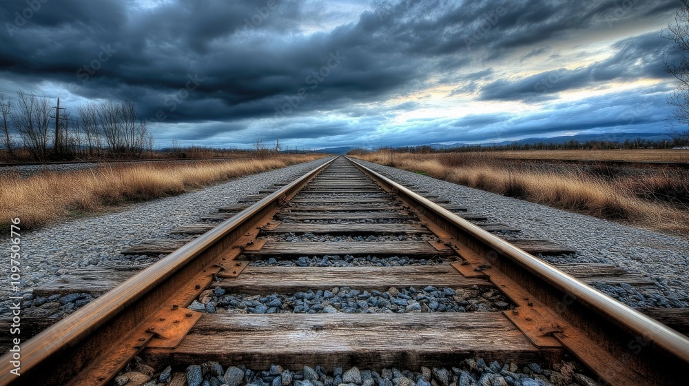Fototapeta premium Atmospheric Railroad Tracks Under Dramatic Cloudy Skies
