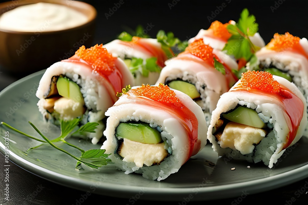 bite sized rolls of vinegared rice wrapped in seaweed and filled bite sized rolls of vinegared rice wrapped in seaweed and filled