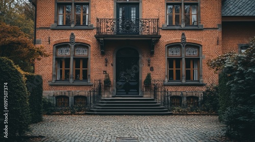 Elegant brick house with ornate balcony and lush garden entrance