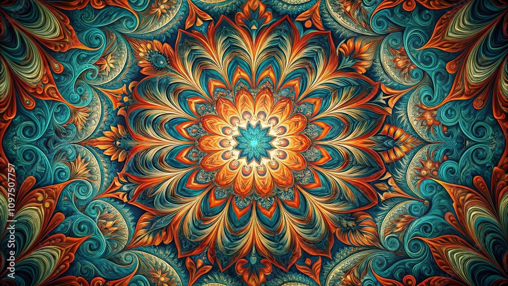 Intricate Orange and Teal Floral Mandala Design with Swirling Patterns Intricate Orange and Teal Floral Mandala Design with Swirling Patterns