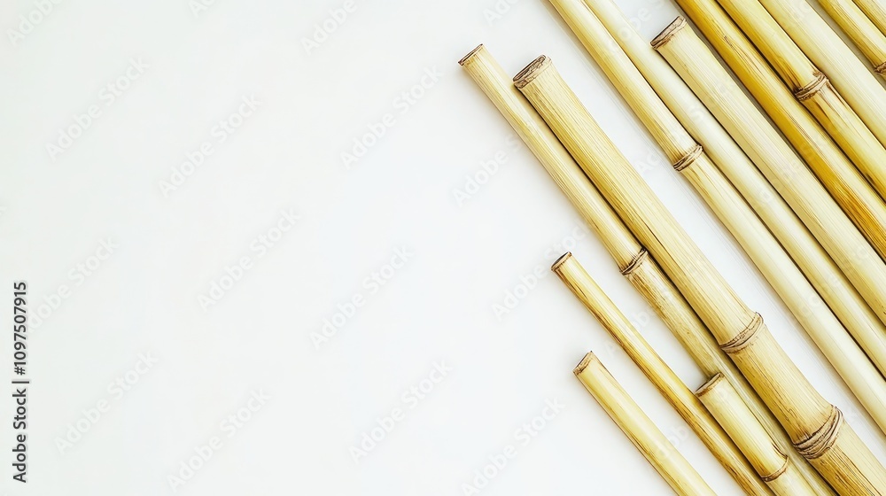 Bamboo Sticks Laying on White Background Natural Aesthetic Design Bamboo Sticks Laying on White Background Natural Aesthetic Design