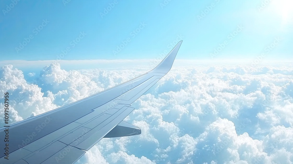 Airplane Wing Above Fluffy White Clouds in Blue Sky Background Airplane Wing Above Fluffy White Clouds in Blue Sky Background