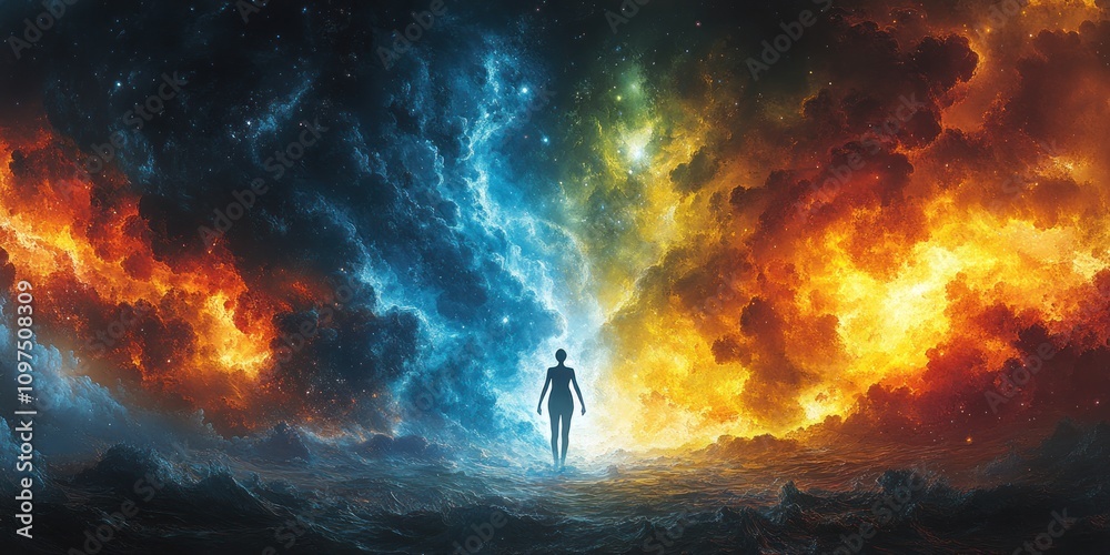 A lone figure stands between fiery and icy cosmic clouds, symbolizing duality and choice. A lone figure stands between fiery and icy cosmic clouds, symbolizing duality and choice.